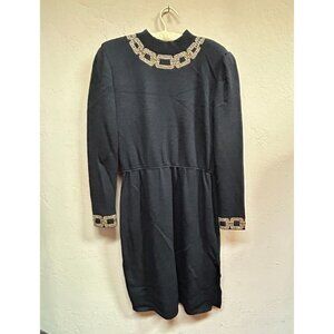 St. John Evening Knit Mini Sheath Sweater Dress Sz 2 Mock Neck Embellished Black